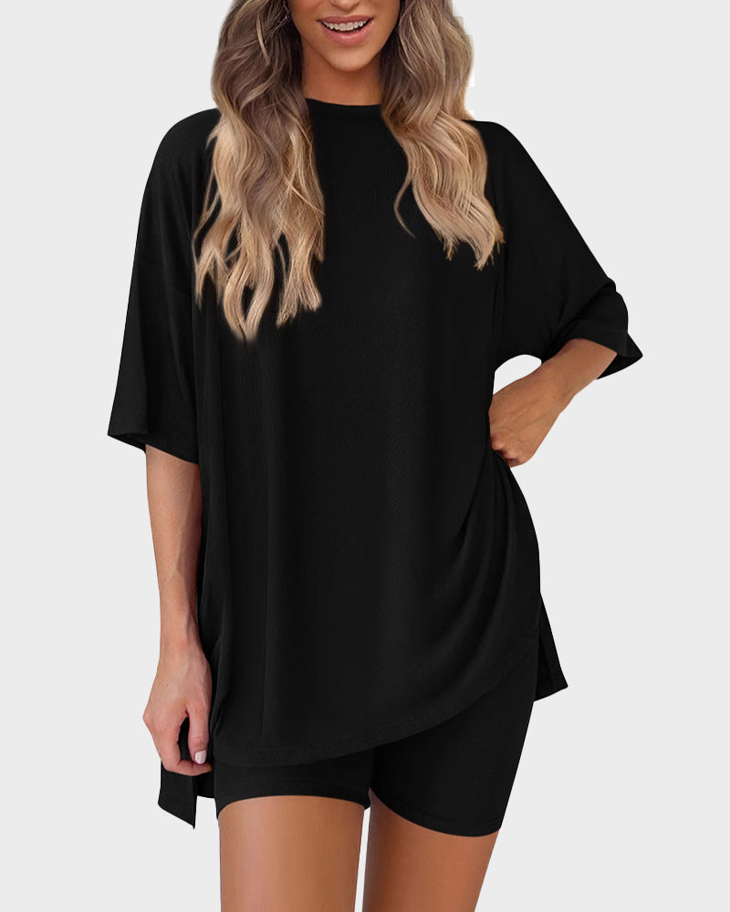 Casual Oversized 2-Piece Lounge Set with Crewneck & Split Hem