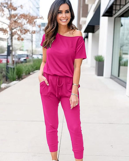 Off-Shoulder Short Sleeve Beam Foot Jumpsuit